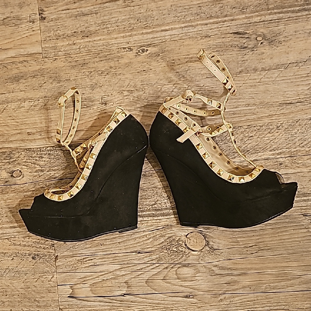 Black Wedge Peep-Toe Heels with Gold Studded Trim